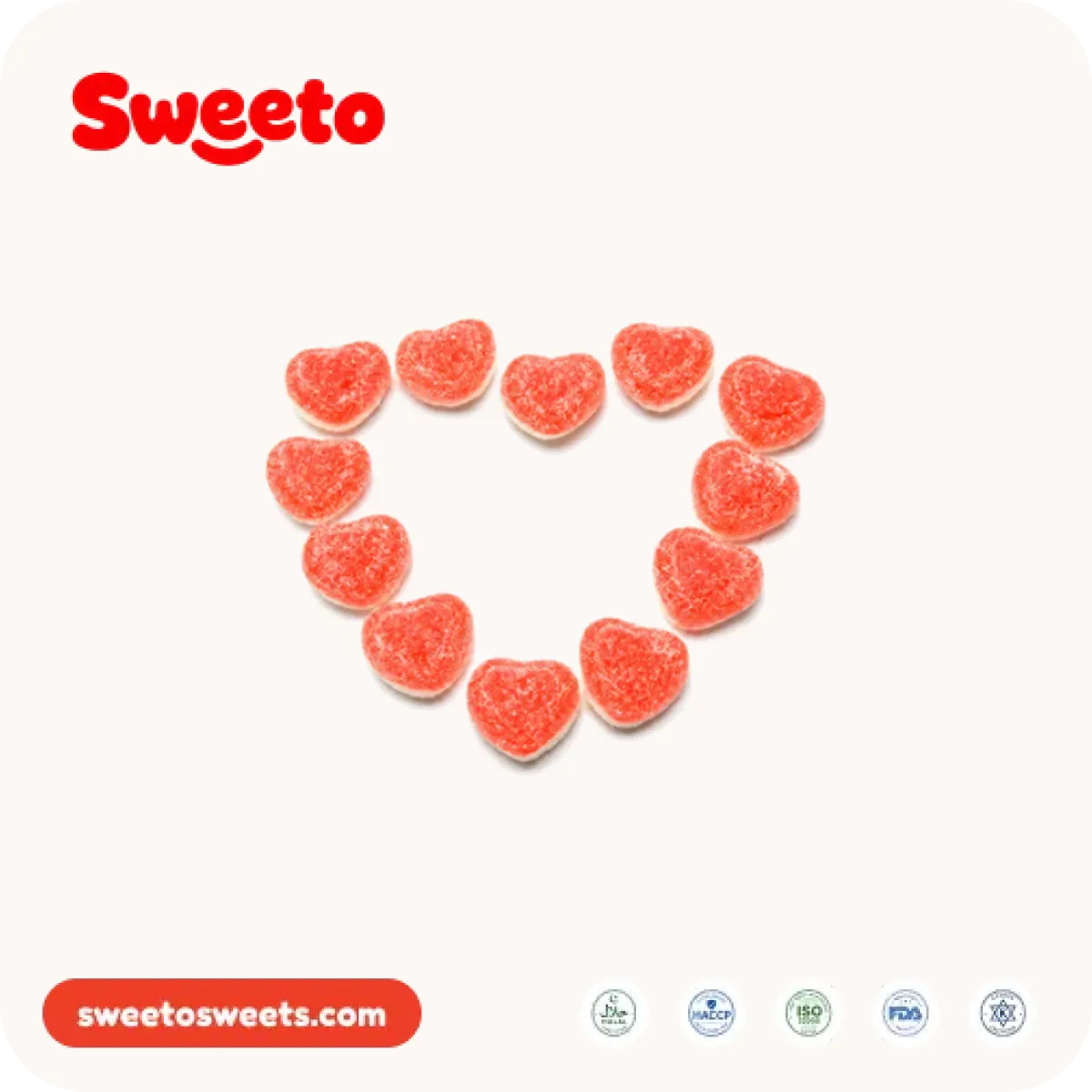 Sugar-sanded red heart gummies from Sweeto Sweets