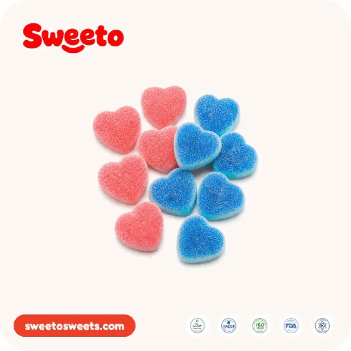 Double-layer heart gummies from Sweeto Sweets in pink and blue
