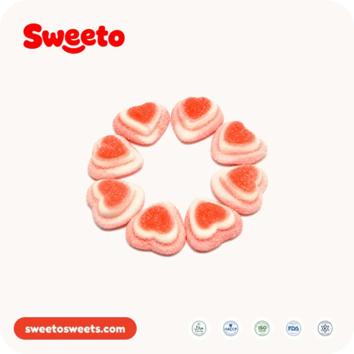 Triple-layer heart gummies from Sweeto Sweets in pink and white