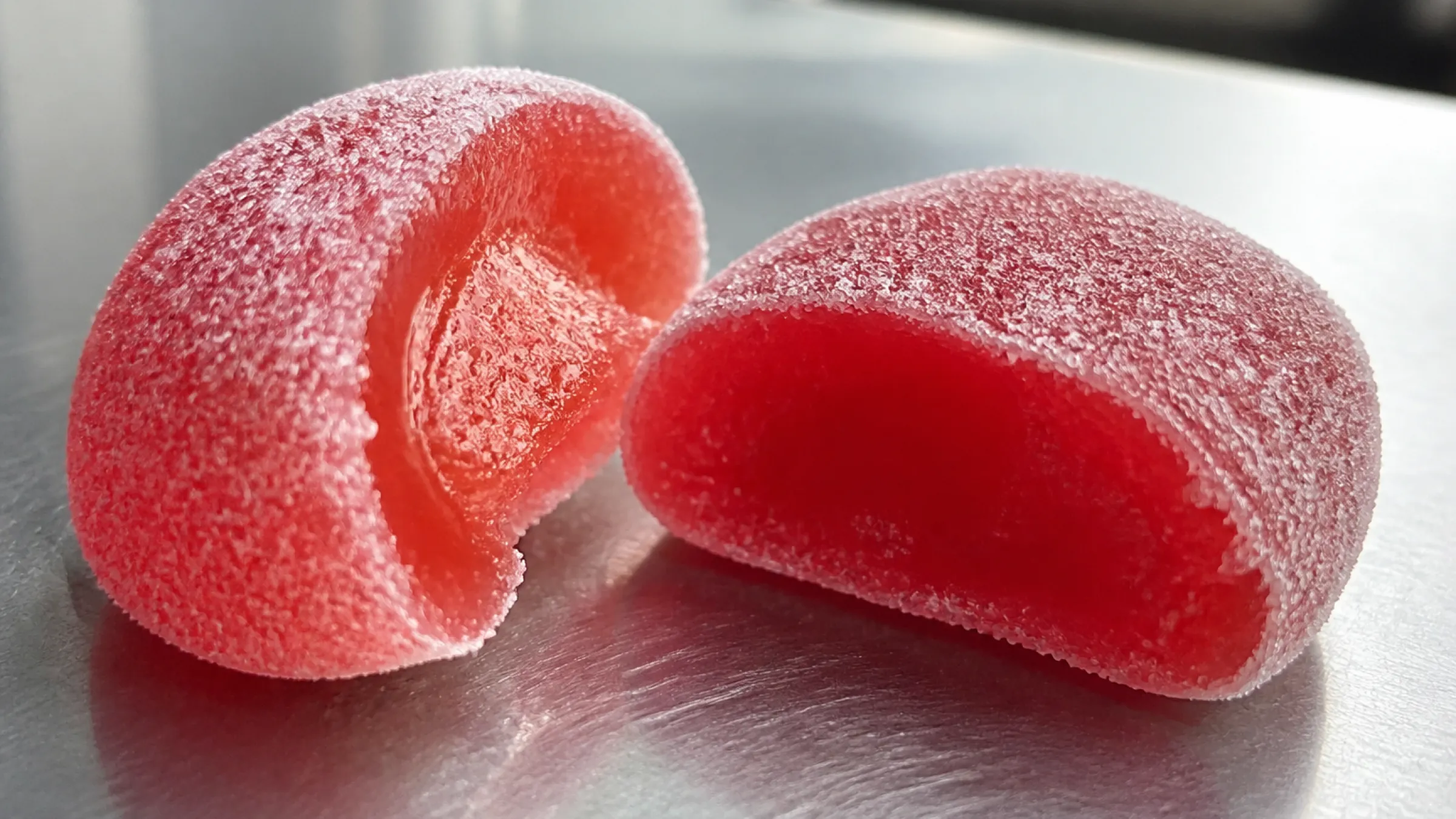 Close-up of a gummy candy cross-section showing gel body and sour sugar sanding