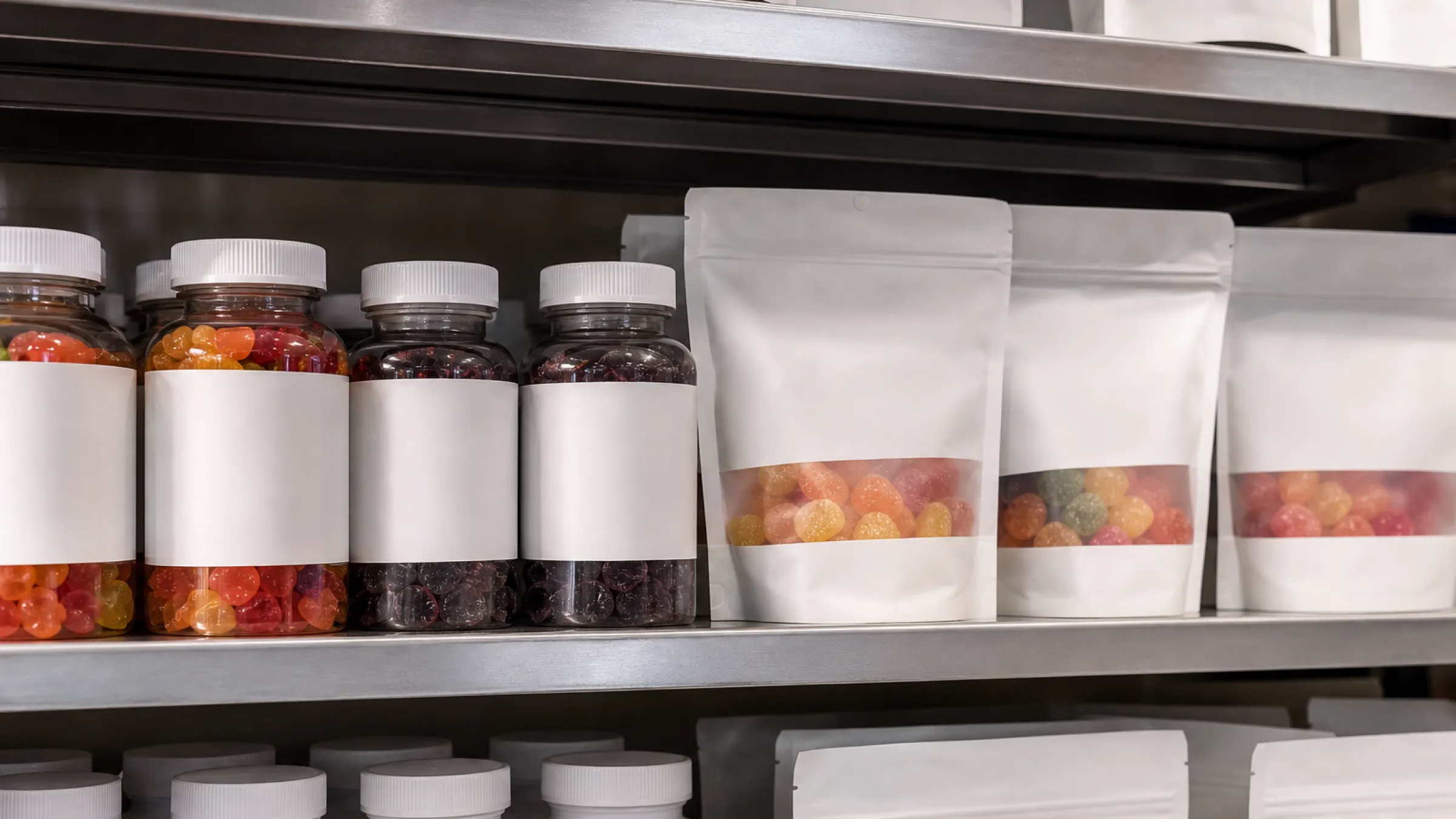 Functional vitamin gummies and sugar-free gummies on a modern supermarket shelf