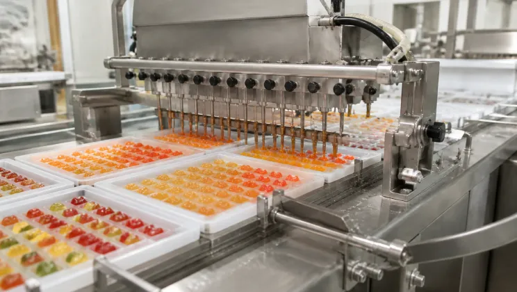 Gummy candy production line with depositing machine and starch trays at a confectionery factory