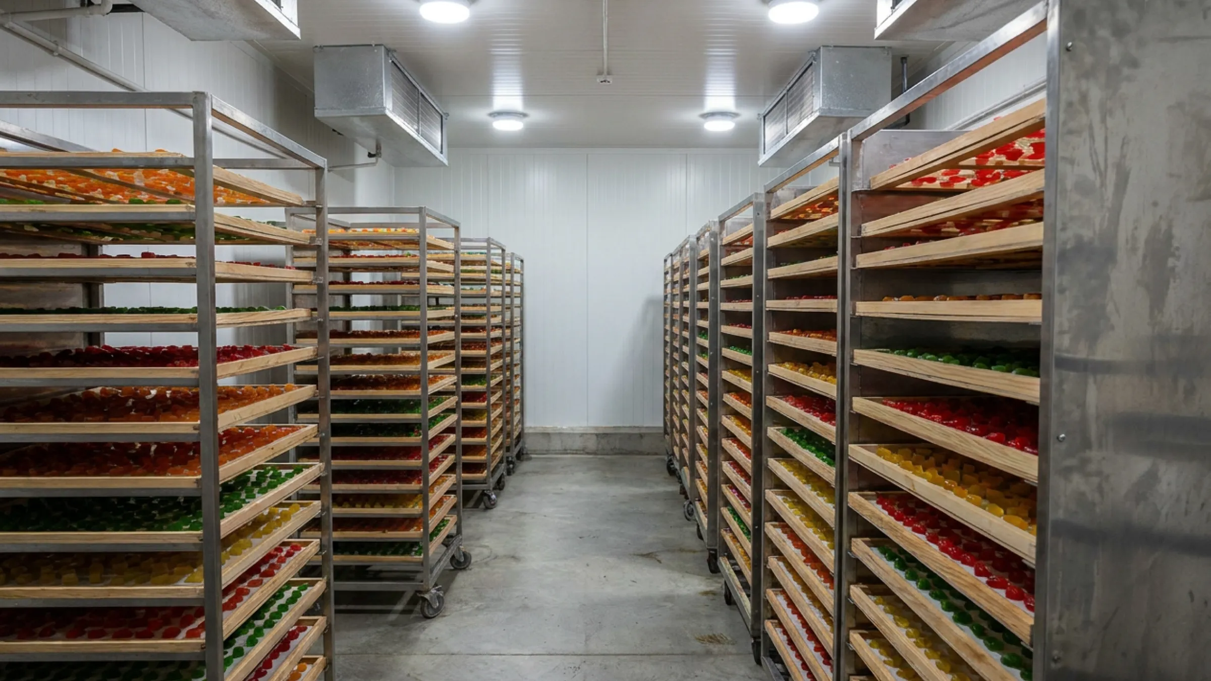 Trays of gummy candies stacked in a conditioned drying room