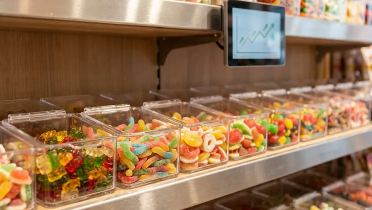 Gummy candy market trends 2026: assorted gummies with a rising sales chart in a retail setting