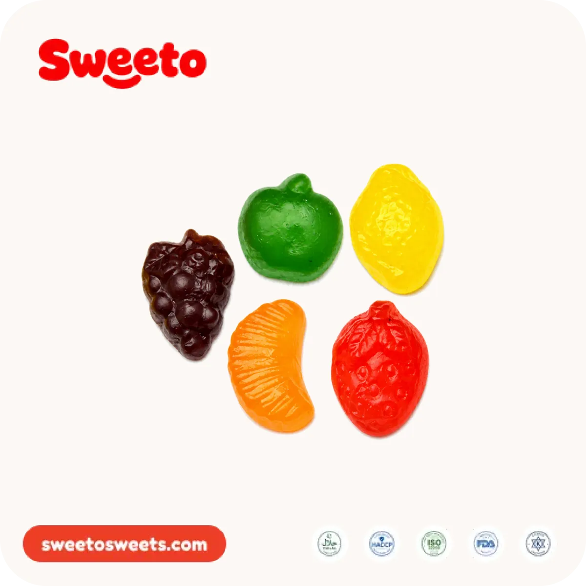Gominolas halal surtidas de mezcla de frutas de Sweeto Sweets en formas y colores variados