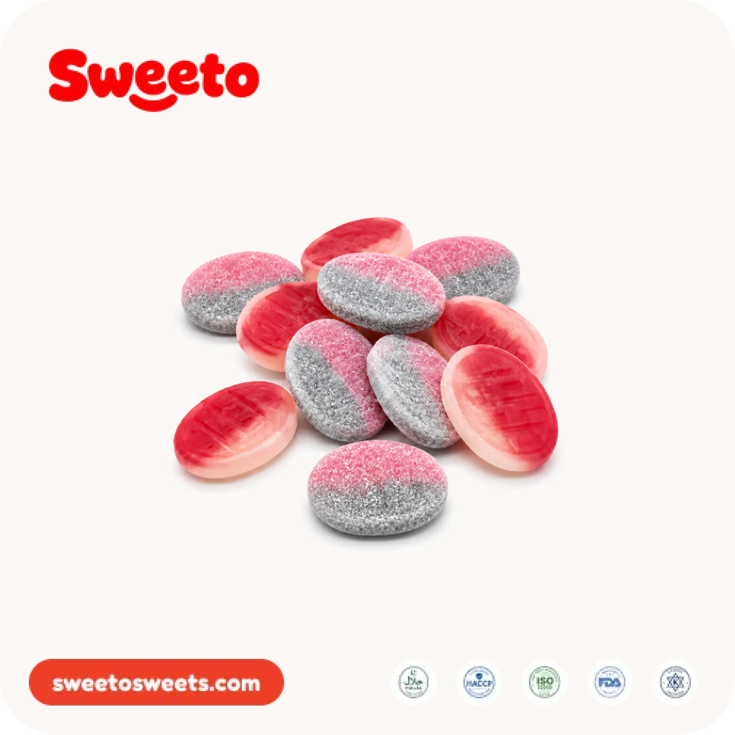 Dual-colour oval gummies from Sweeto Sweets in red, pink and grey-sanded finishes