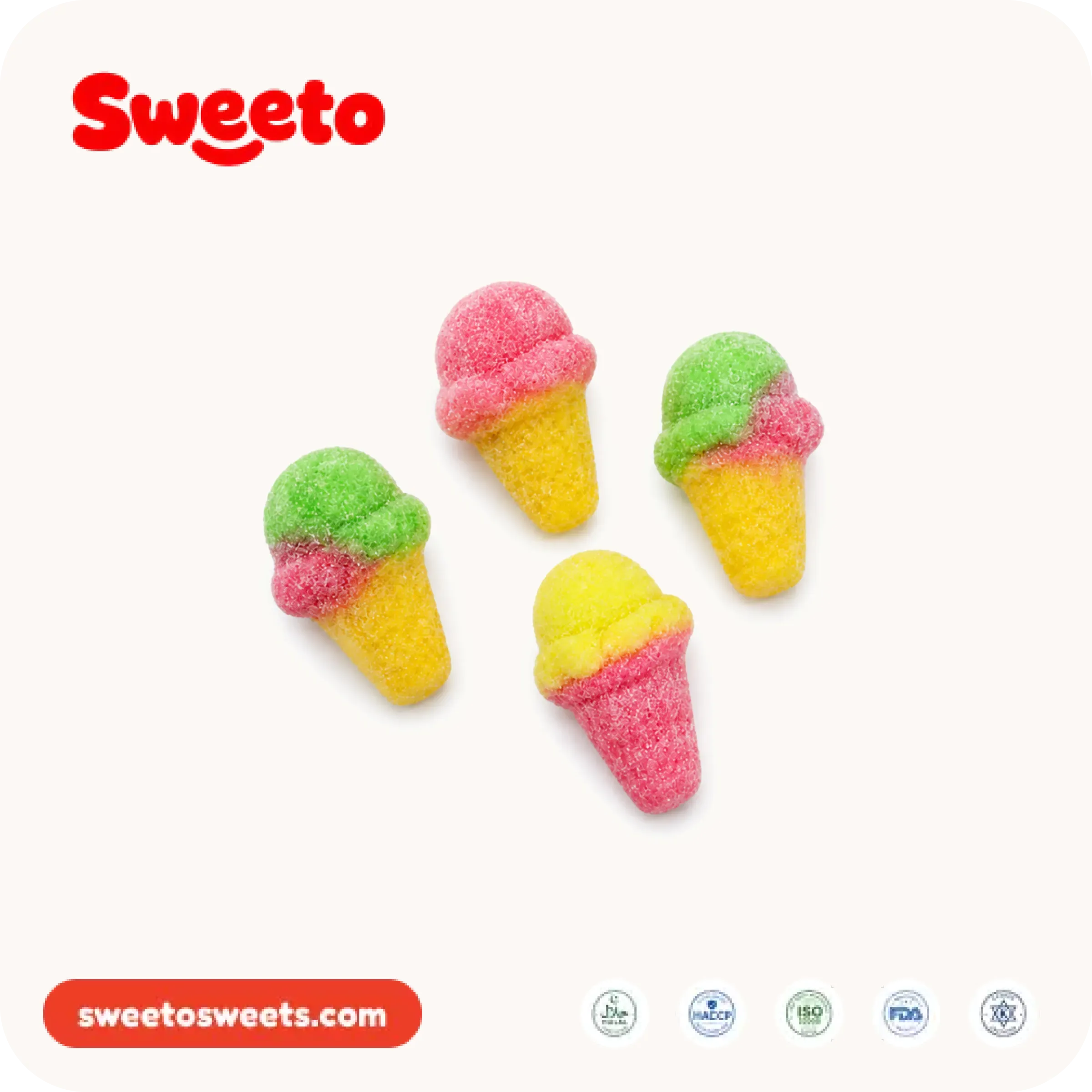 حلوى هلامية بشكل مخروط الآيس كريم من Sweeto Sweets مرشوشة بالسكر بألوان باستيل وردية وخضراء وصفراء