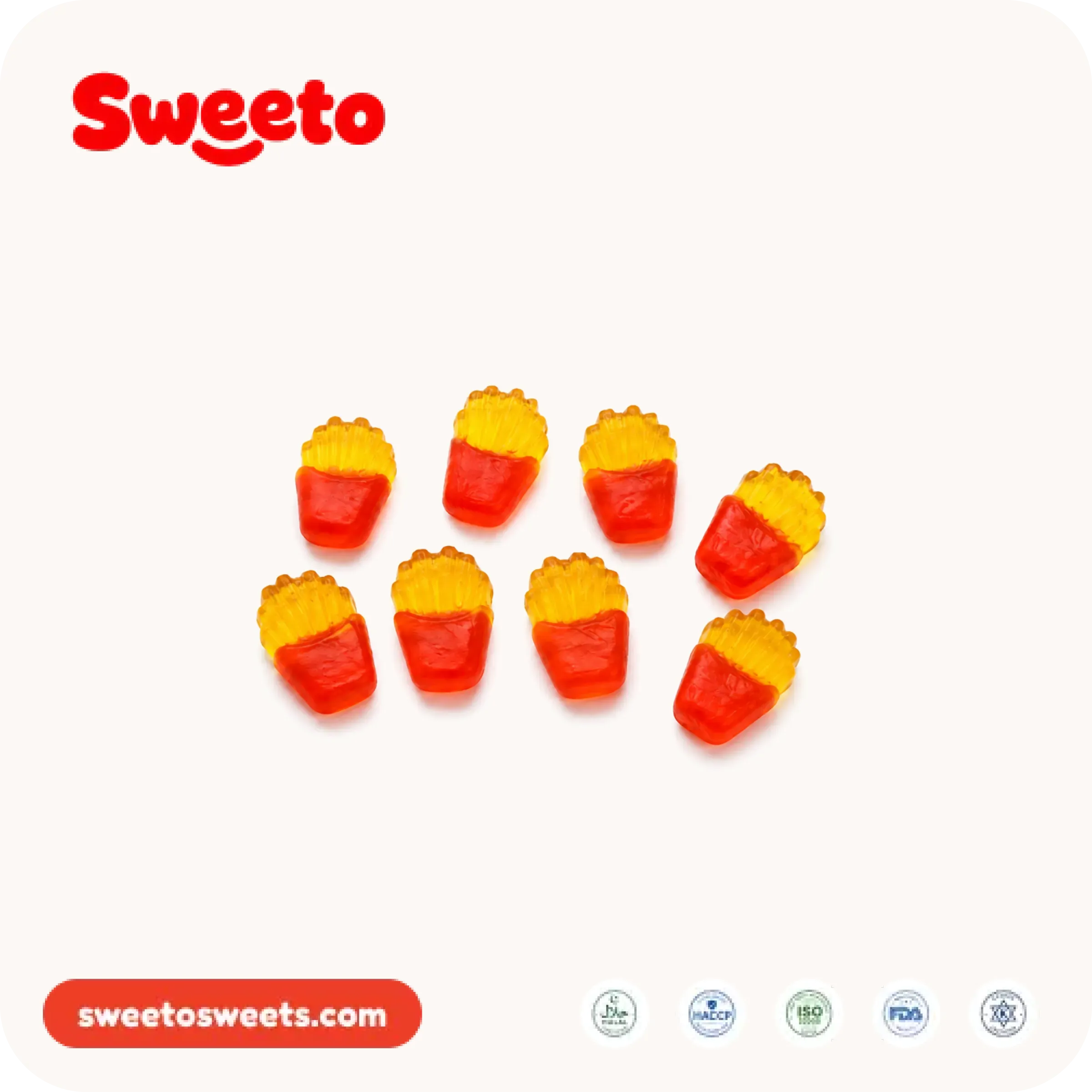 حلوى هلامية بشكل البطاطس المقلية من Sweeto Sweets في علب حمراء، كل قطعة علبة حمراء تبرز منها بطاطس صفراء من الأعلى