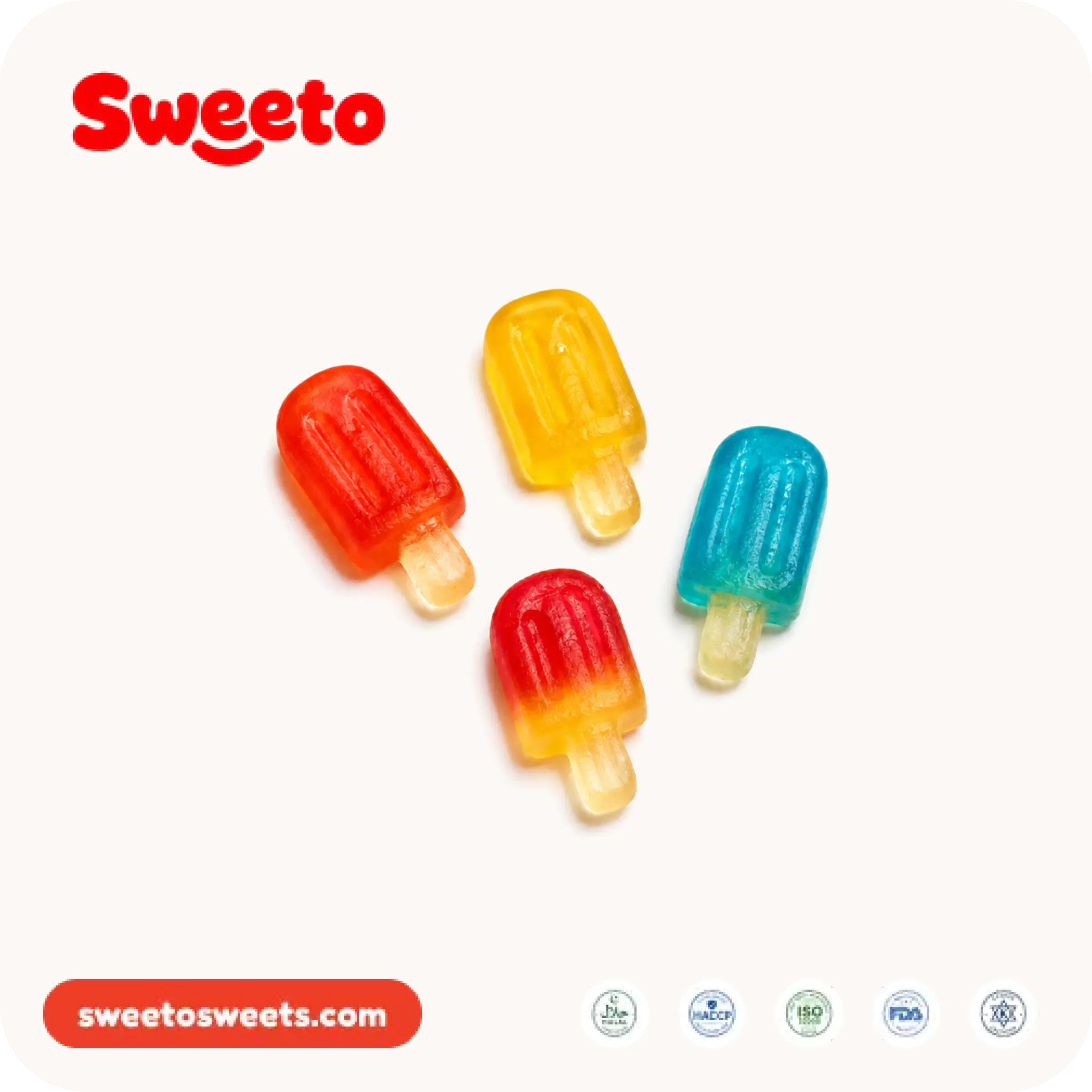 Gominolas polo de hielo brillantes de Sweeto Sweets en rojo, amarillo, azul y rojo-naranja con palos pálidos translúcidos