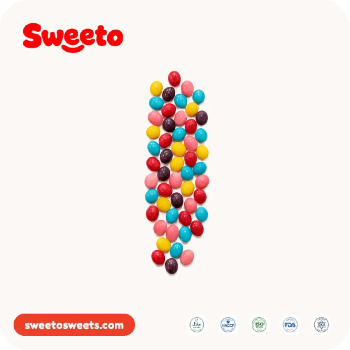 Grageas ácidas crujientes de Sweeto Sweets en una mezcla viva de cian, rosa, amarillo, morado, rojo y azul