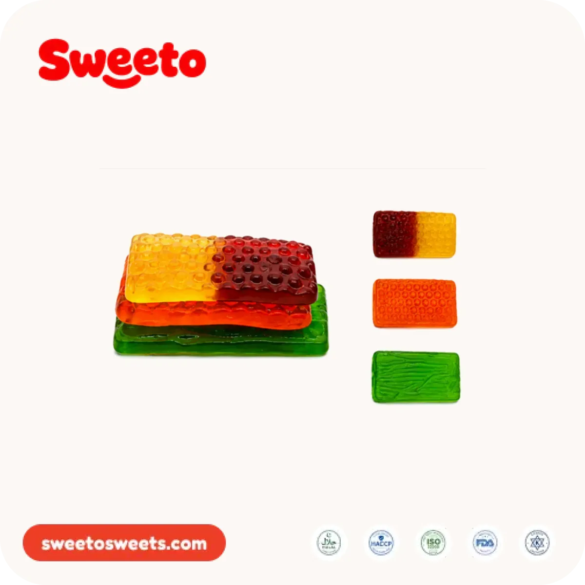 Stackable three-layer sushi gummies from Sweeto Sweets in green, orange and yellow-red, shown assembled and as separate rectangular layers