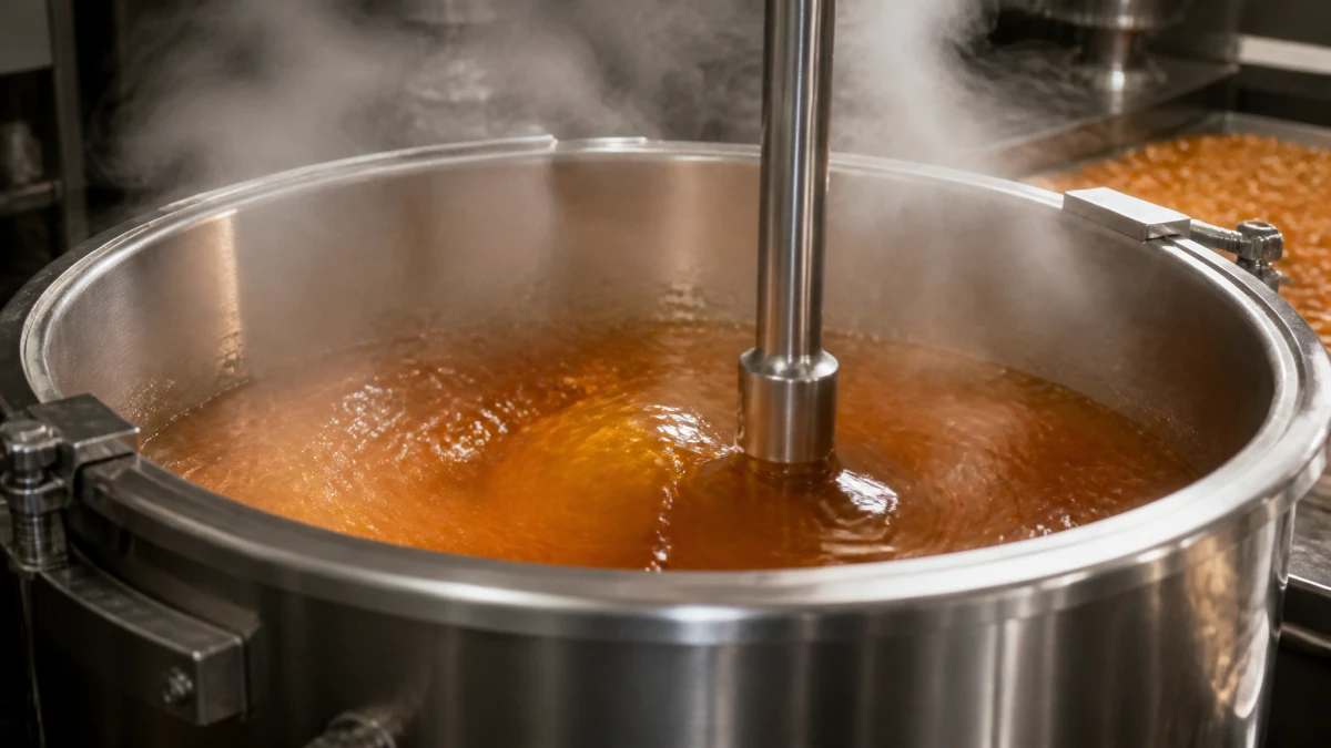 Stainless steel cooker with amber gelatin syrup being stirred in candy production kitchen