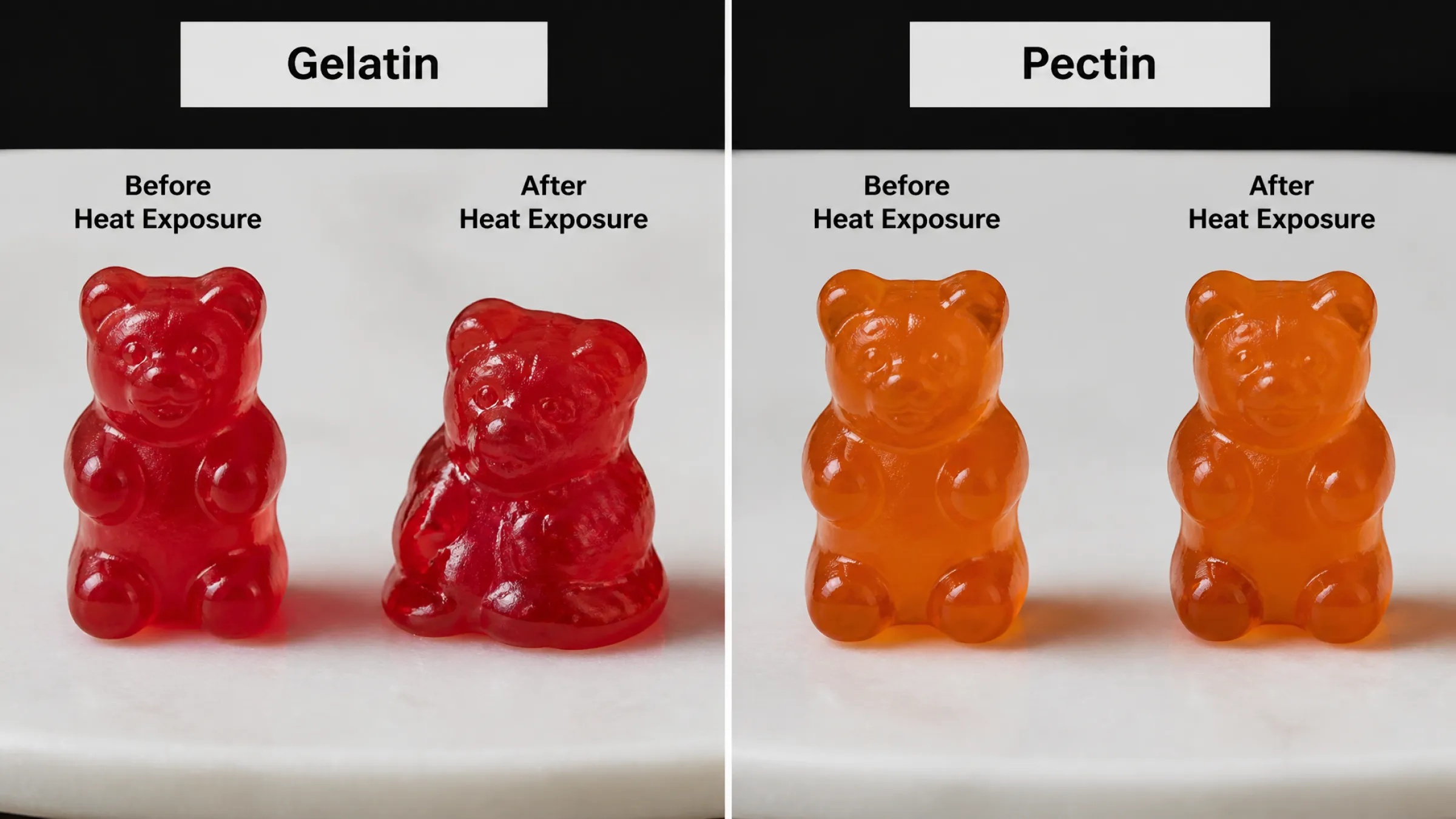 1.Gelatin versus pectin gummy heat resistance comparison