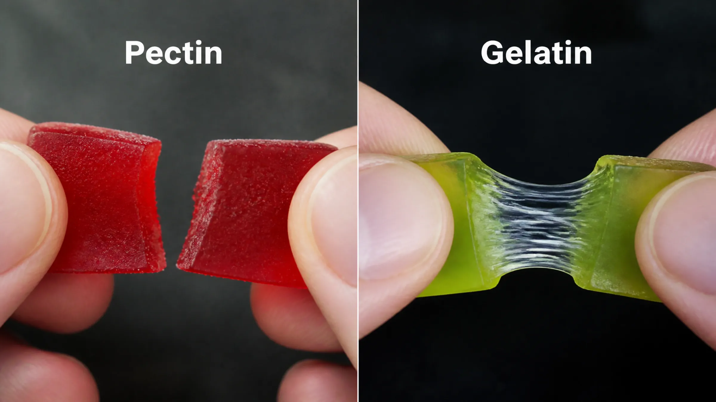 2.Pectin clean bite versus gelatin elastic stretch texture comparison