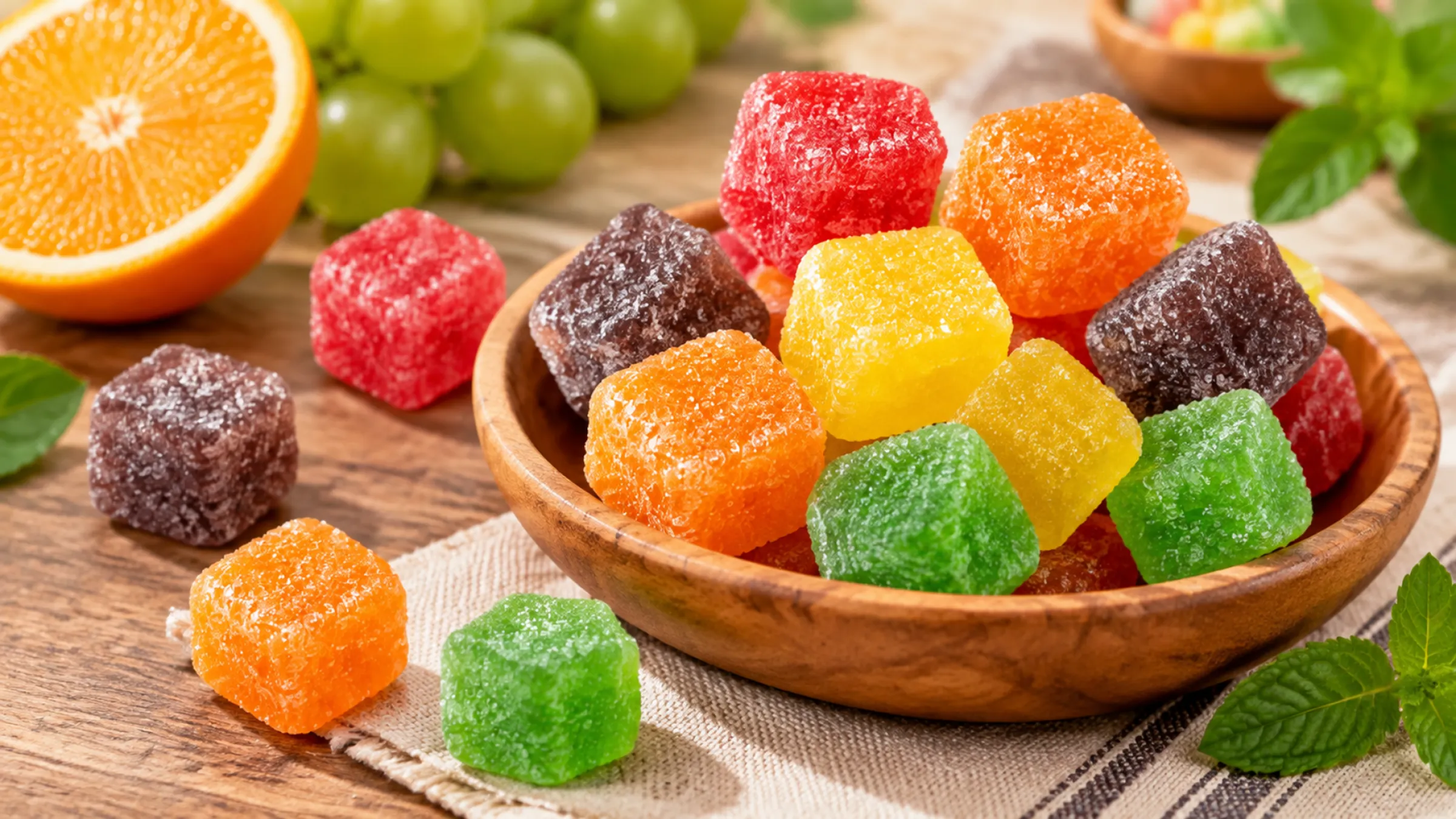 1.Assorted sugar coated cube gummies, colorful fruit flavor gummy candy in wooden bowl