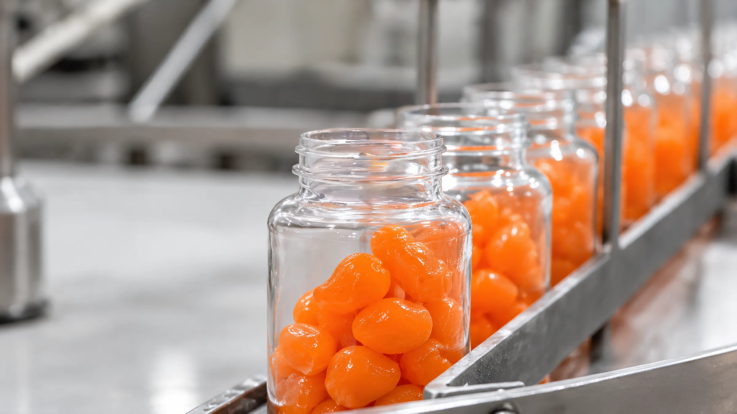 3.Gummy candy production line, filling orange supplement gummies into plastic bottles