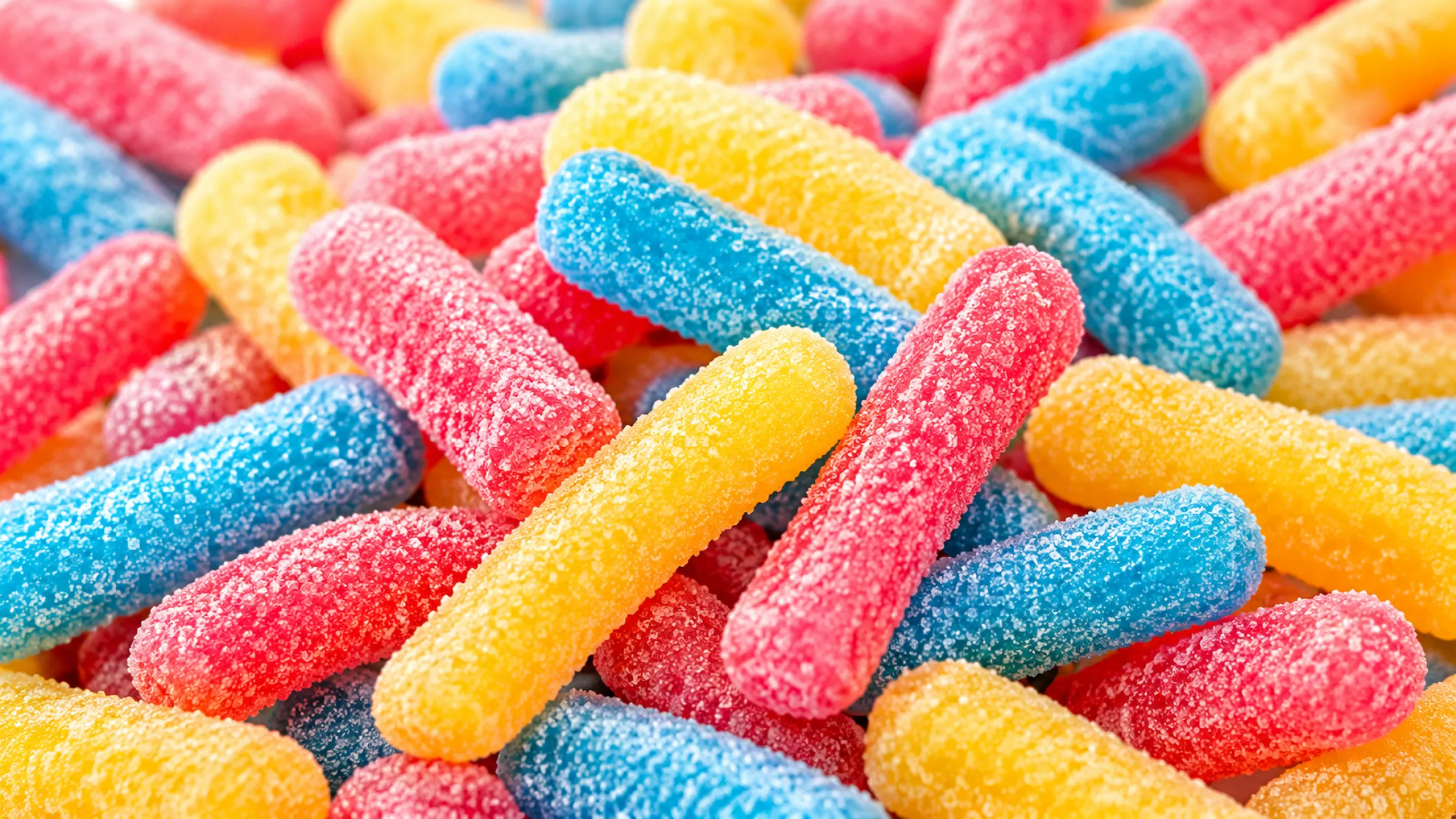 1.Close-up of gummy worms evenly coated in sour sanding crystals