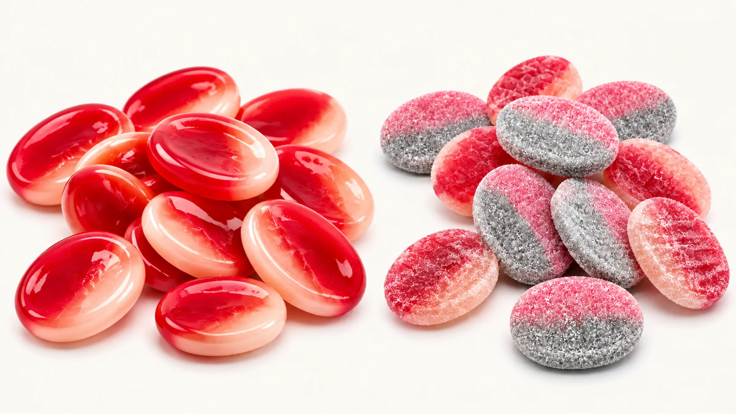 3.Oval foam gummy candies in oiled and sour-sanded finishes side by side