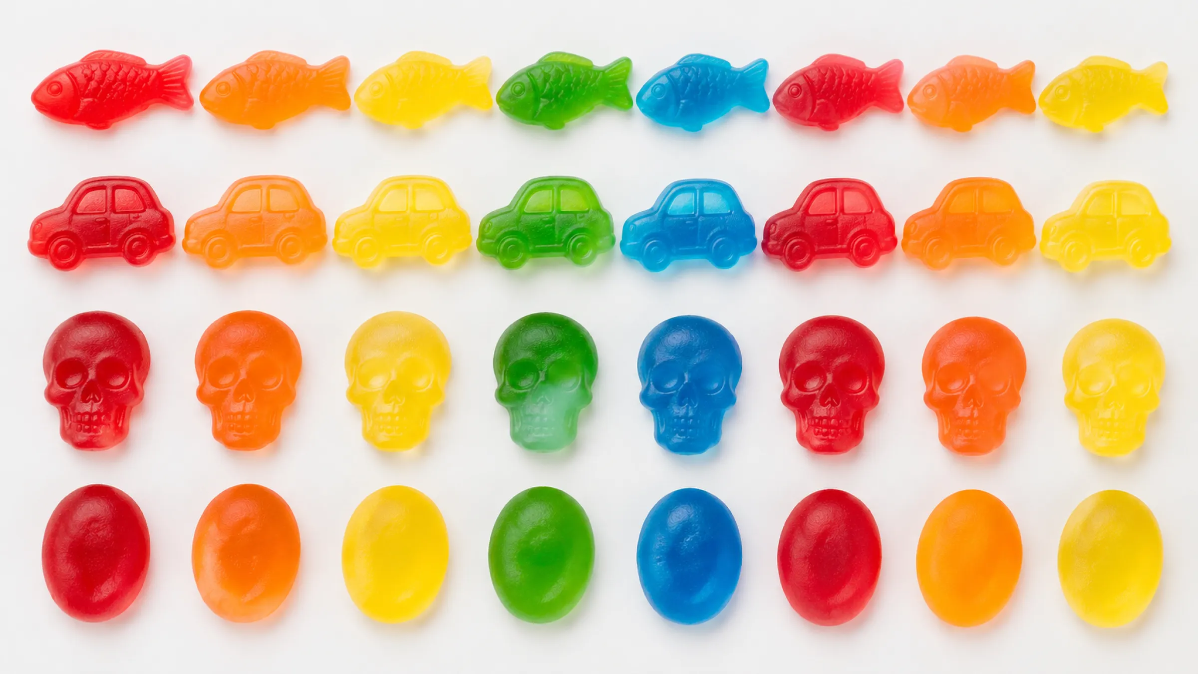 2.Gummy candies sorted in rows by shape: fish, cars, skulls and ovals