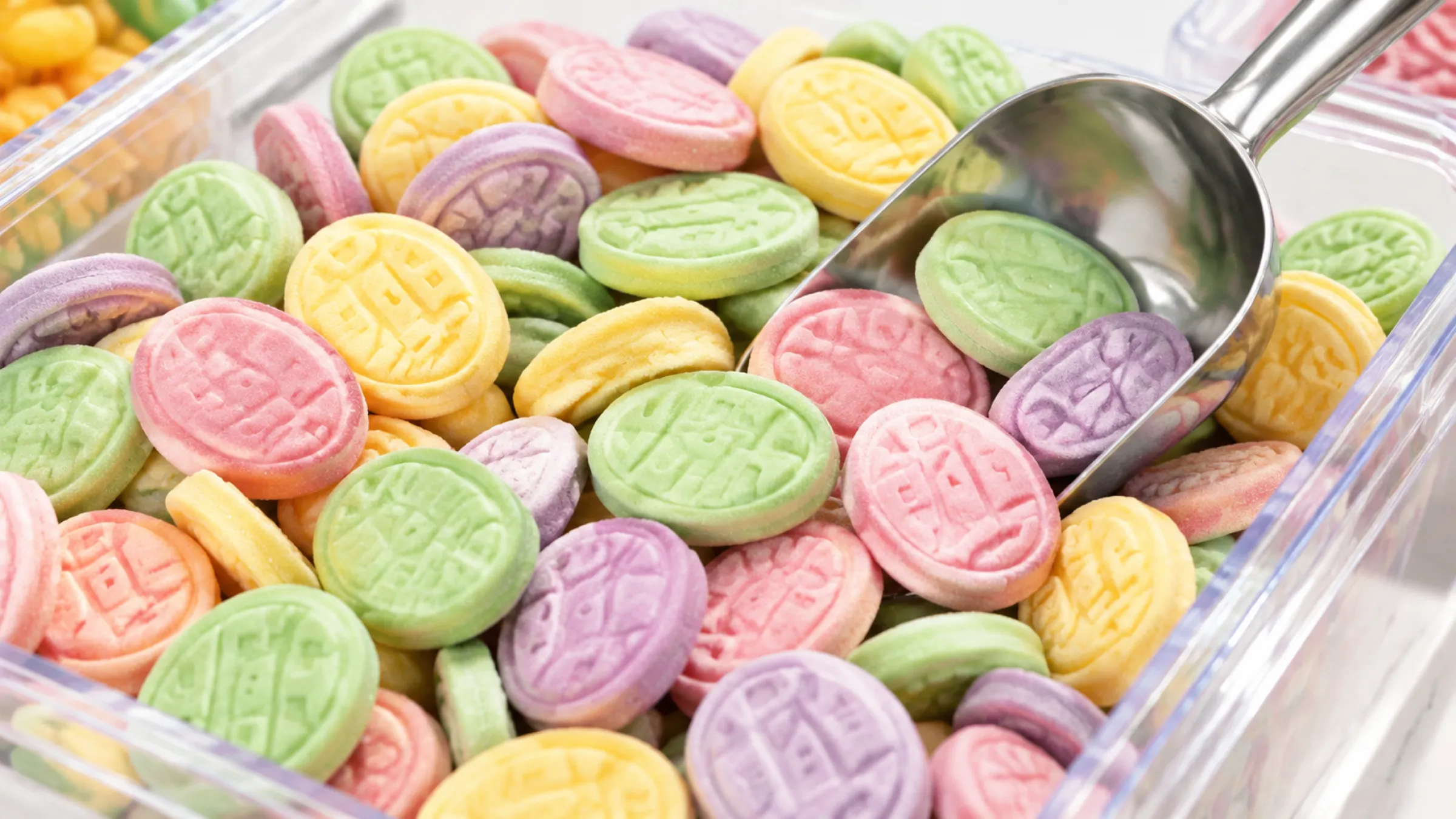 1.Open pick-and-mix bin filled with colorful gummy candies and a metal scoop