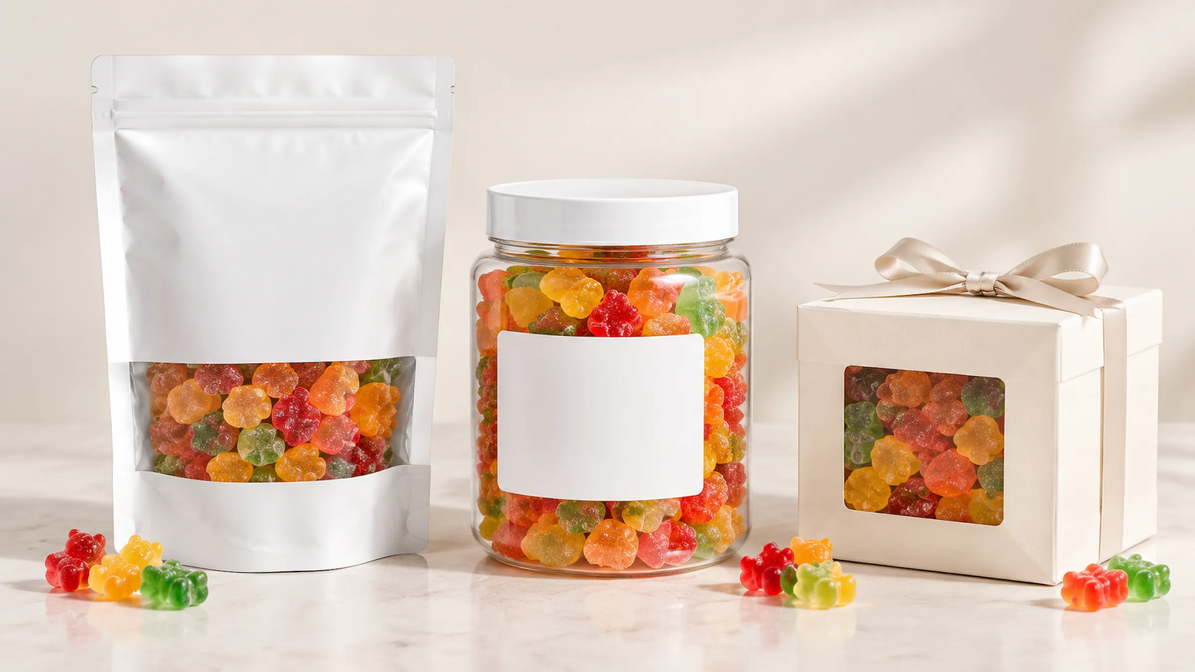 3.Gummy candies packed in a pouch, a jar and a gift box with blank labels