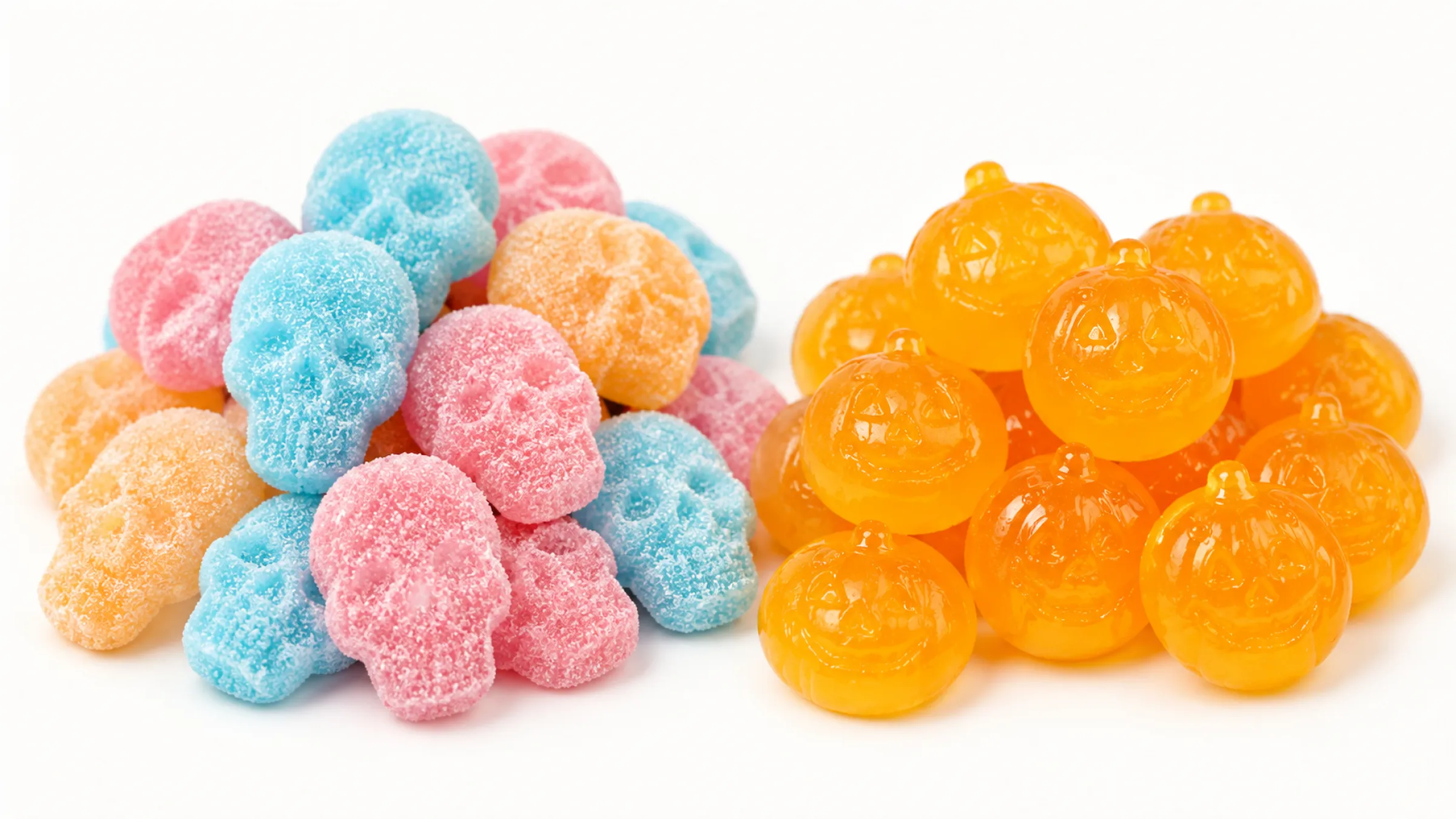 3.Sour-sanded and foam-textured Halloween gummy skulls and pumpkins side by side