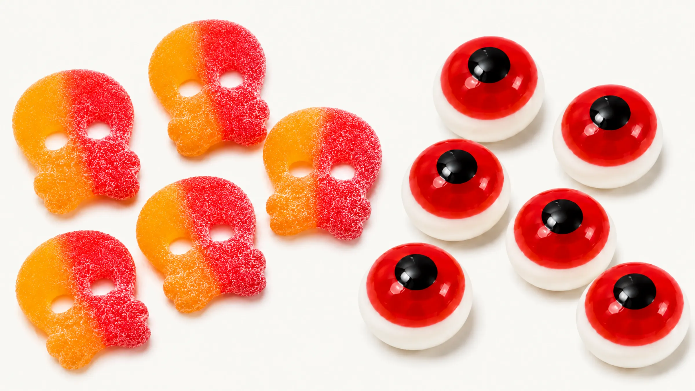 1.Two-colour Halloween gummy skulls and eyeballs with two colours in one piece