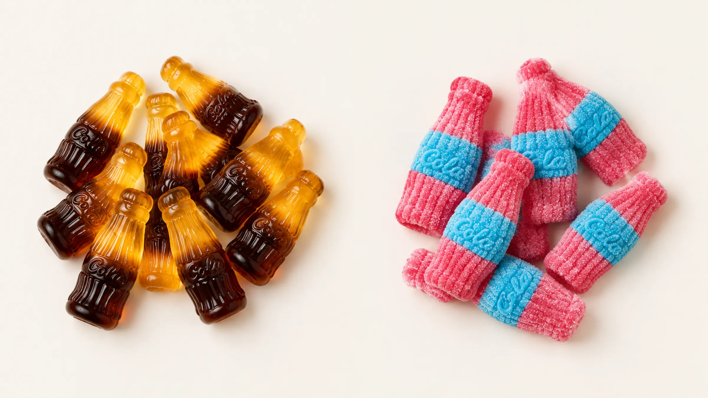1.Two-tone cola bottle gummies in cherry, lemon and berry colours side by side