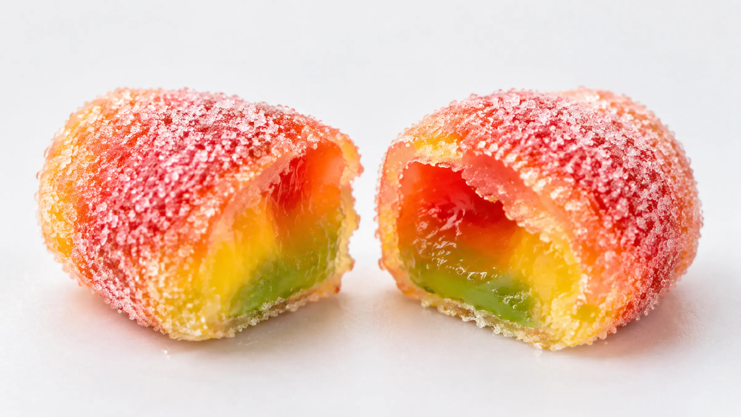 1.Crystal-coated gummy cut in half showing the soft center and the sugar crystal coating