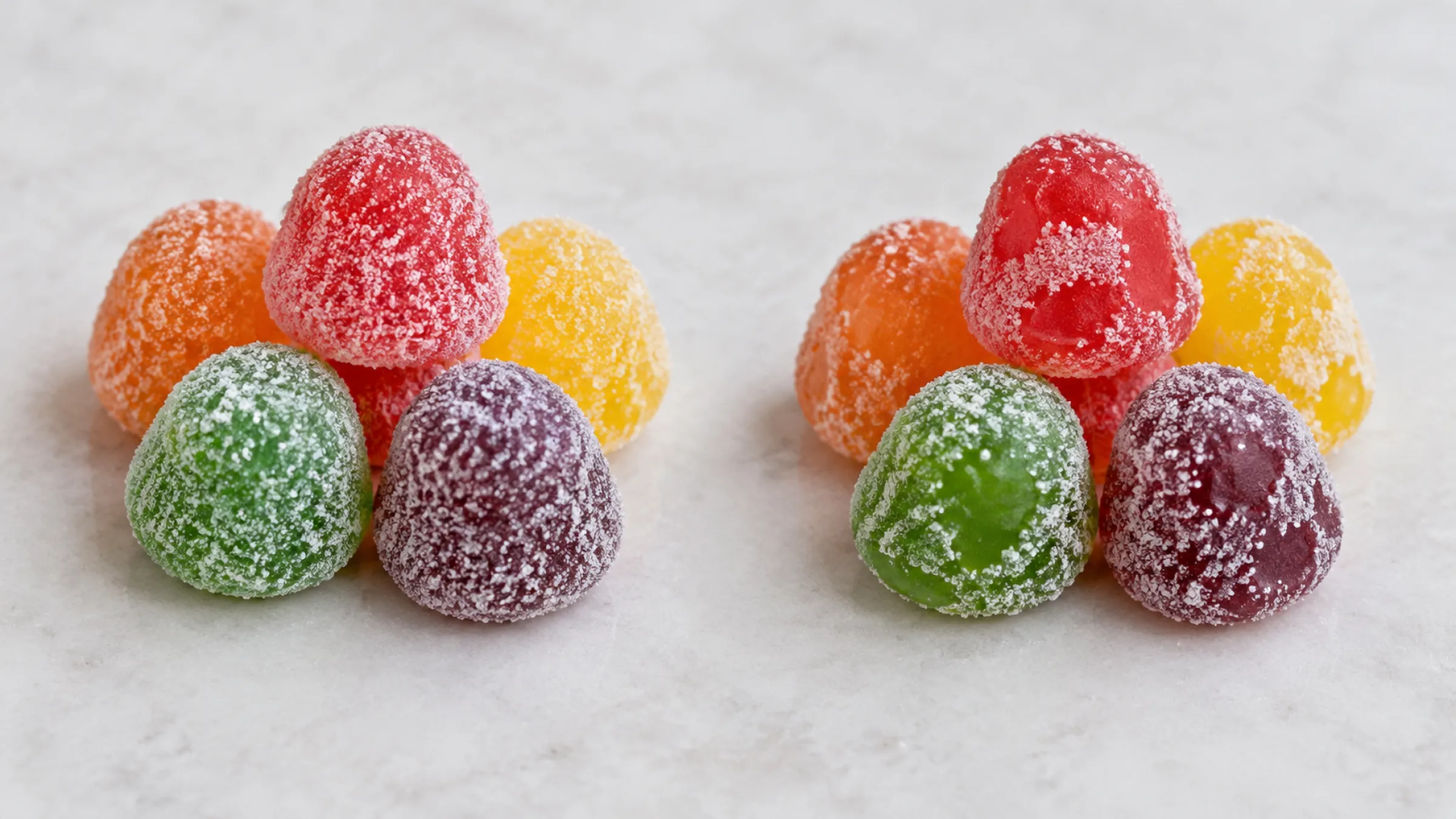 2.Fully crystal-coated gummies beside thinly coated gummies with bare patches